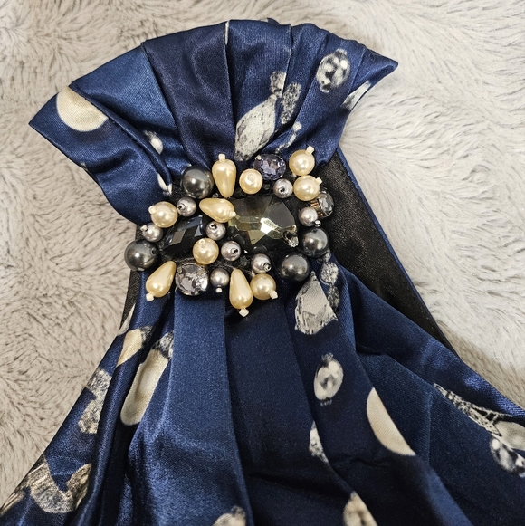 David Meister Blue Pearl Satin One Shoulder Sheath Cocktail Dress Jewel Print 6 - Picture 11 of 15